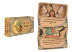 Card game box and cards with mystical designs and text on a white background