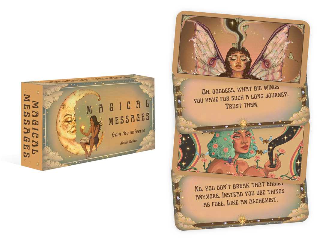 Card game box and cards with mystical designs and text on a white background