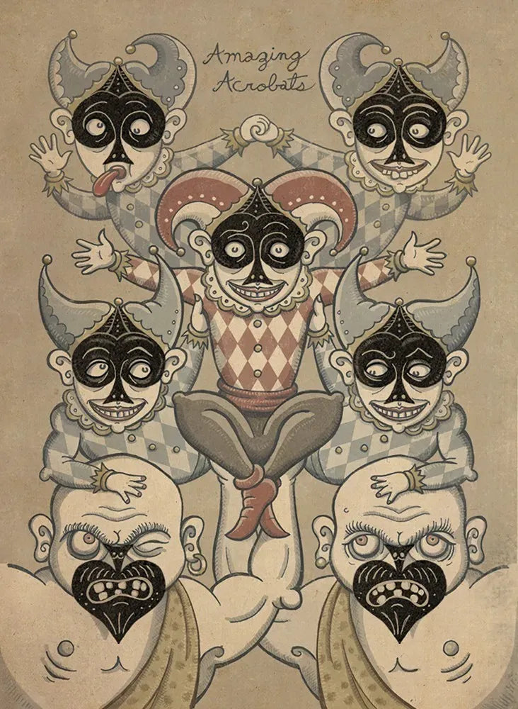 Illustration of an acrobat surrounded by stylized faces on a beige background