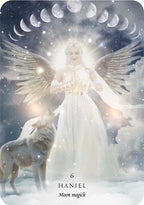 Angel Haniel with a wolf under a starry sky with moon phases