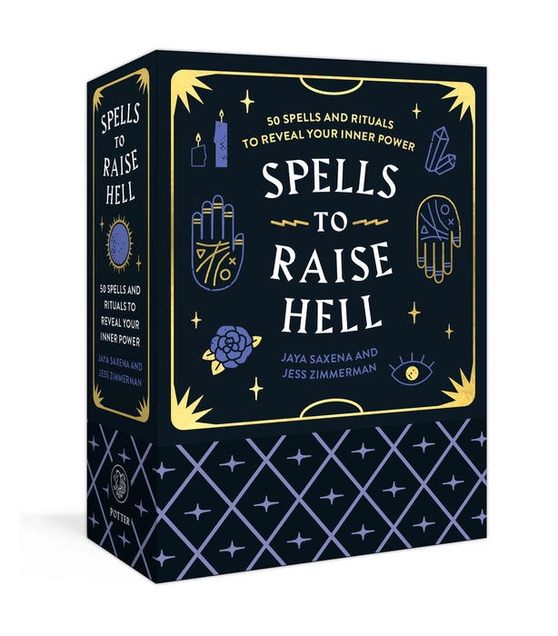 Book titled 'Spells to Raise Hell' with decorative elements on a white background