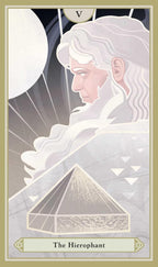 Tarot card featuring a figure with white hair and a geometric design, labeled 'The Hierophant'.