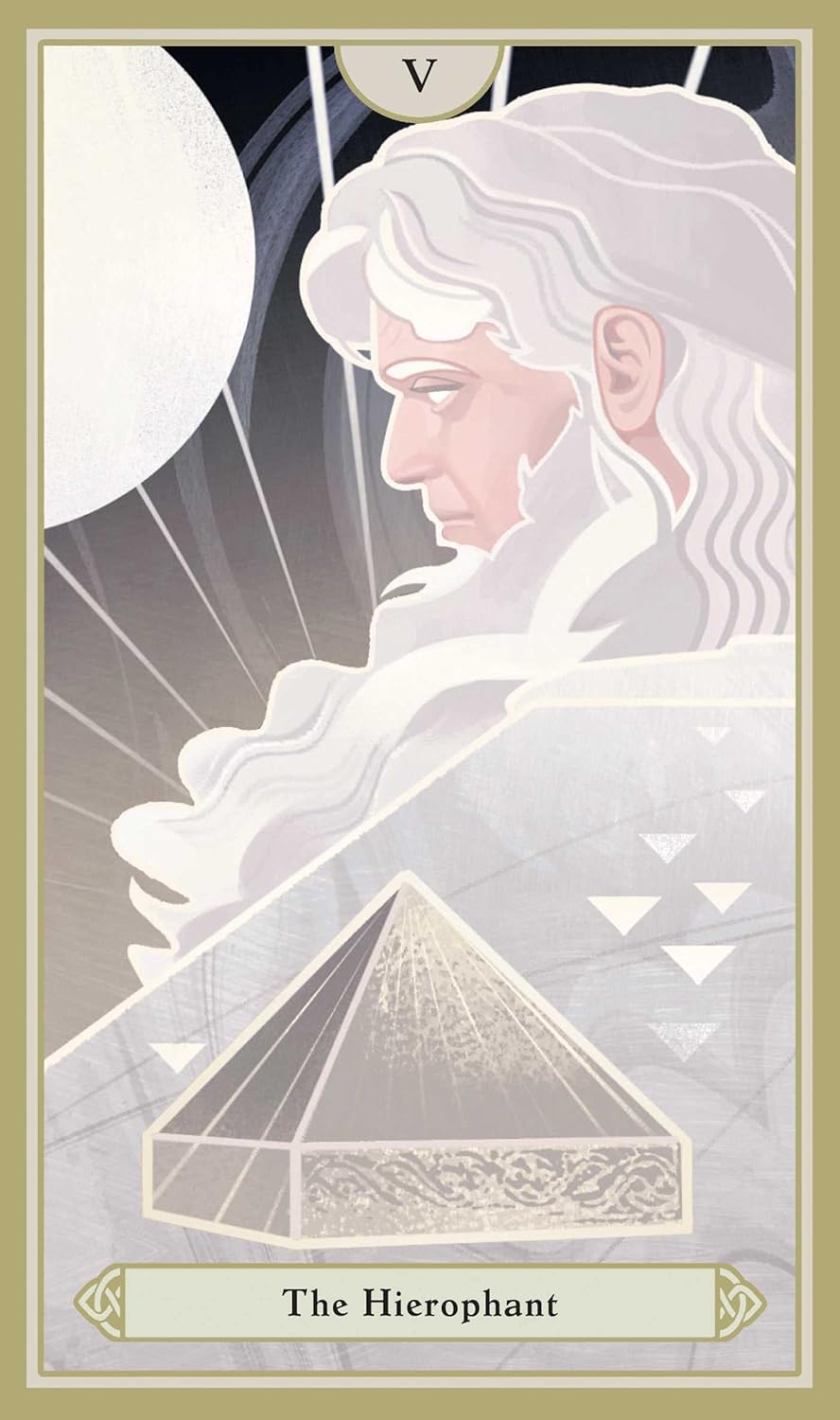 Tarot card featuring a figure with white hair and a geometric design, labeled 'The Hierophant'.