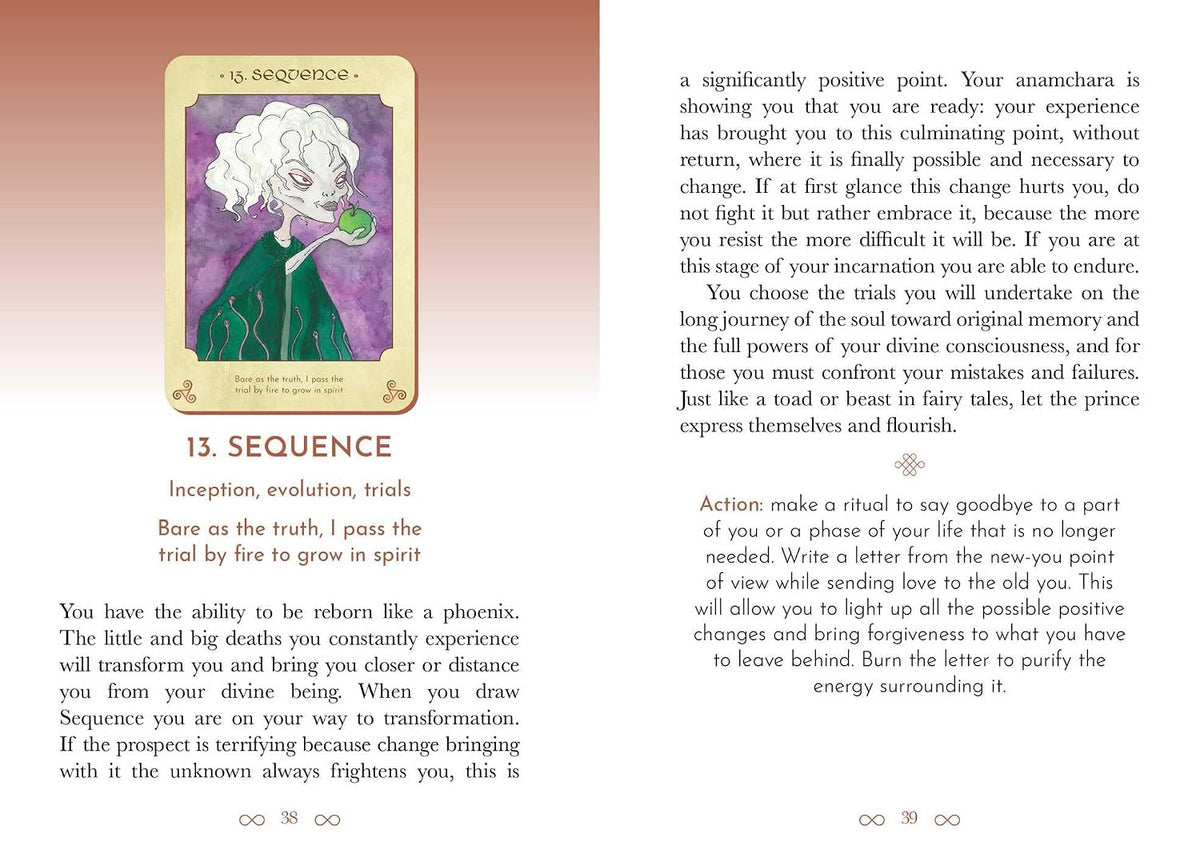 A printed page with a small illustrated lotus flower on the left and blocks of text on the right, headed '13. SEQUENCE' and 'Inception, evolution, trials.