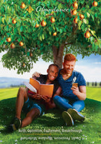 Two people sitting under a tree with fruit, one reading a book and the other using a phone, with 'Abundance' text above.