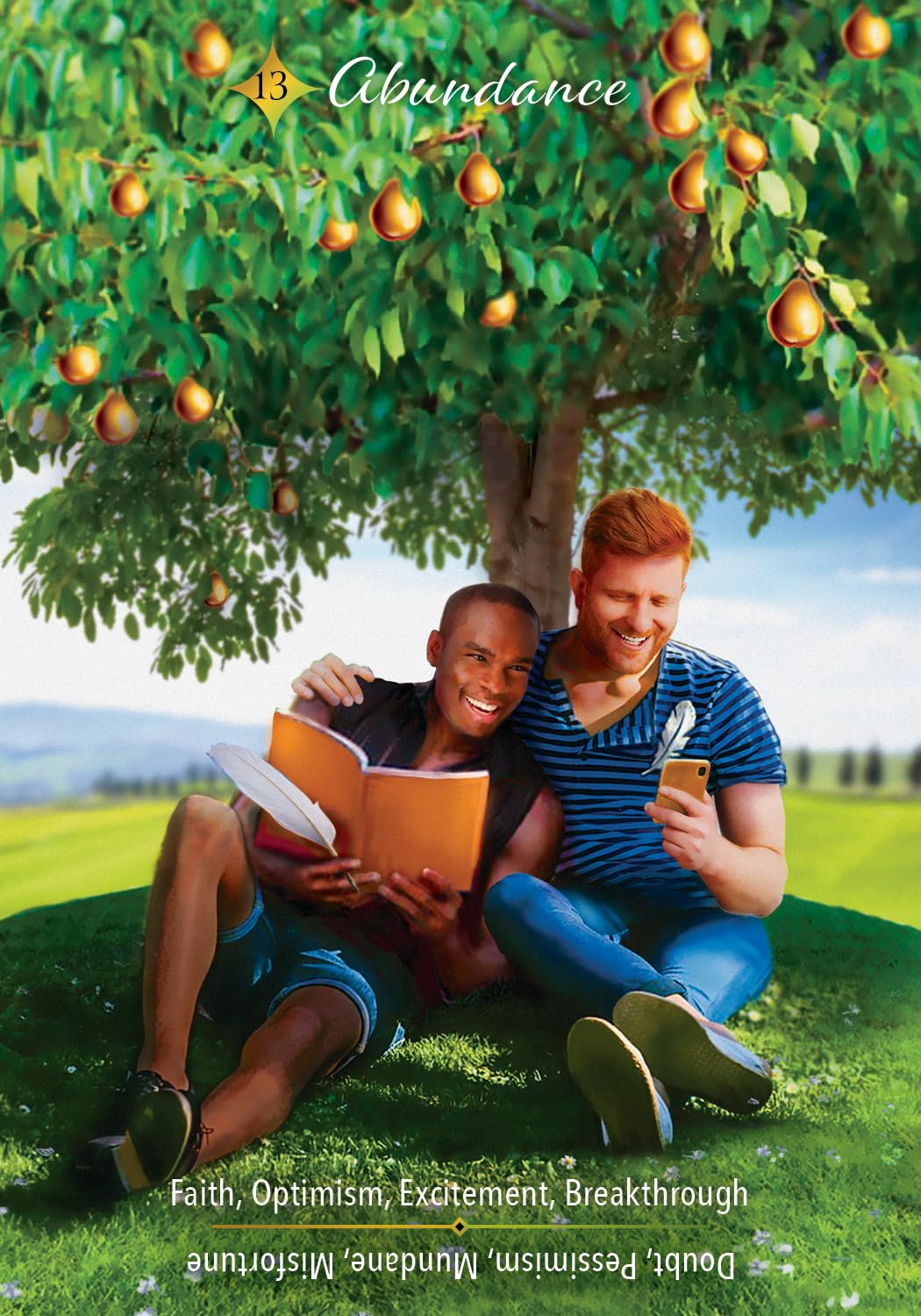 Two people sitting under a tree with fruit, one reading a book and the other using a phone, with 'Abundance' text above.