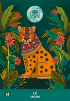 Jaguar illustration in a jungle setting with a moon symbol above, on a green background.