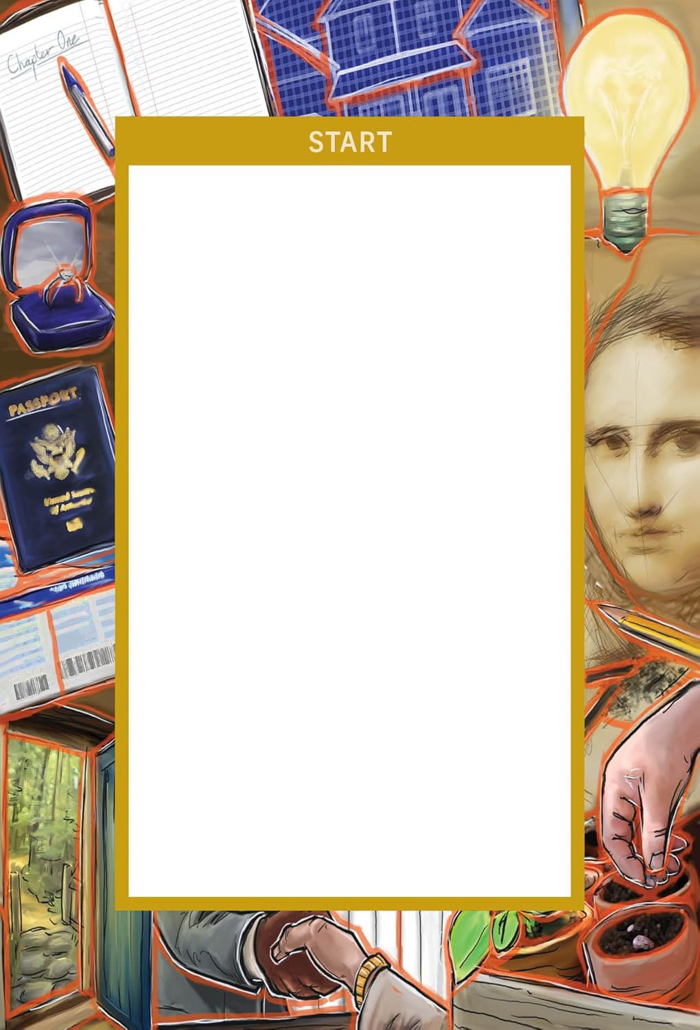 Card with a portrait of a woman, a passport, and a light bulb on a colorful background.