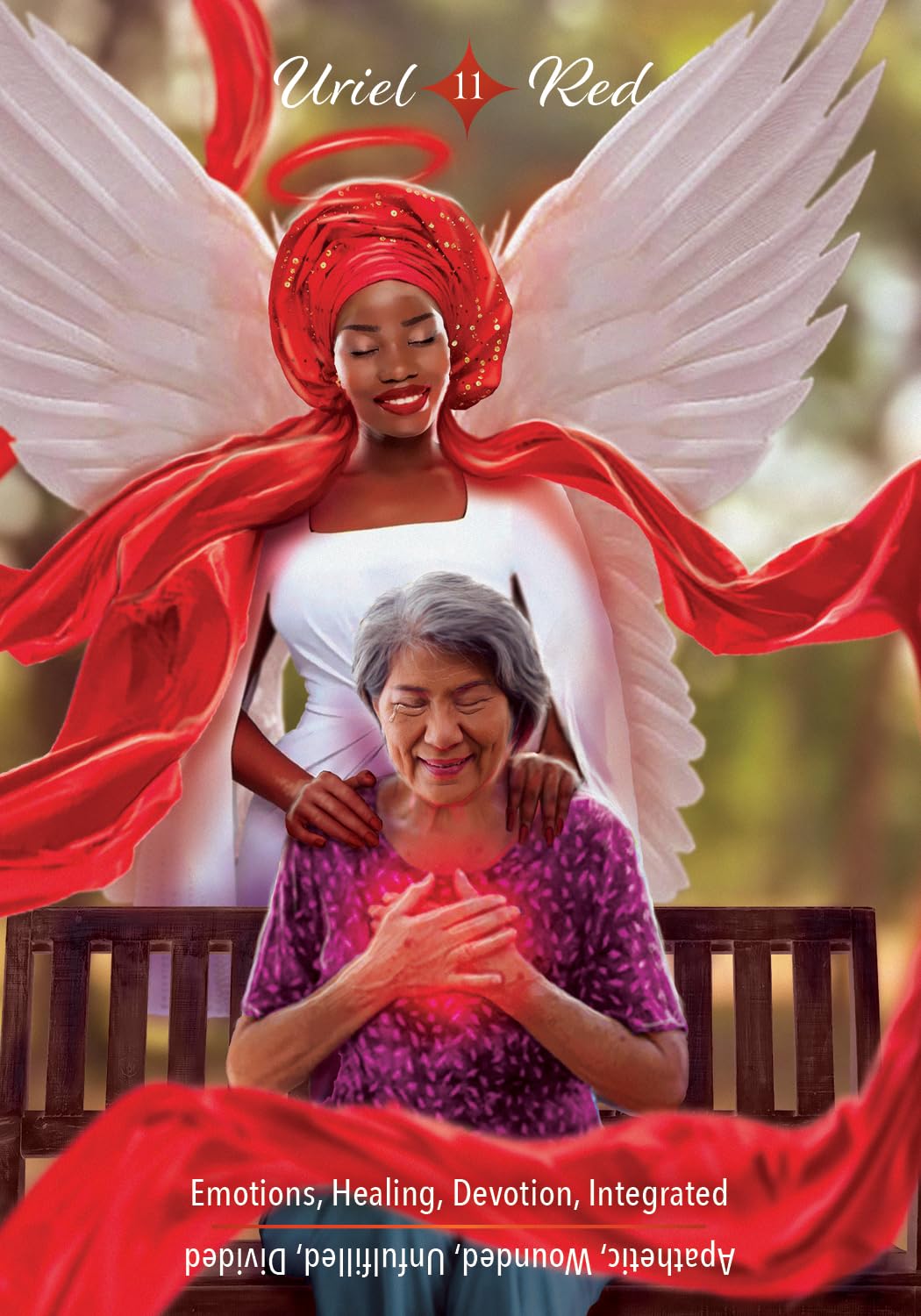 Woman with red hair and angel wings holding an elderly woman, with text overlay.