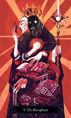 Artistic depiction of 'The Hierophant' tarot card with a red and black color scheme.