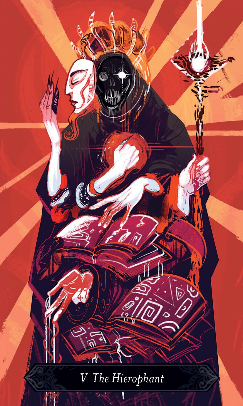 Artistic depiction of 'The Hierophant' tarot card with a red and black color scheme.