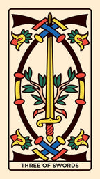 A stylized tarot card illustration reading 'THREE OF SWORDS' at the bottom. The design shows a vertical gold sword centered within an oval frame, crossed red and blue swords at the top and bottom, green leaves and pink branches, and small yellow-and-red floral motifs on a cream background.