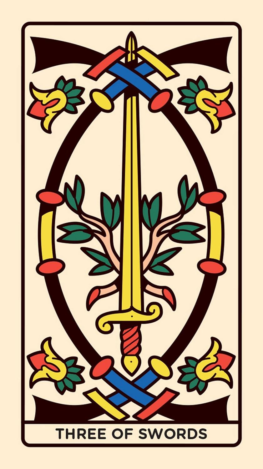 A stylized tarot card illustration reading 'THREE OF SWORDS' at the bottom. The design shows a vertical gold sword centered within an oval frame, crossed red and blue swords at the top and bottom, green leaves and pink branches, and small yellow-and-red floral motifs on a cream background.