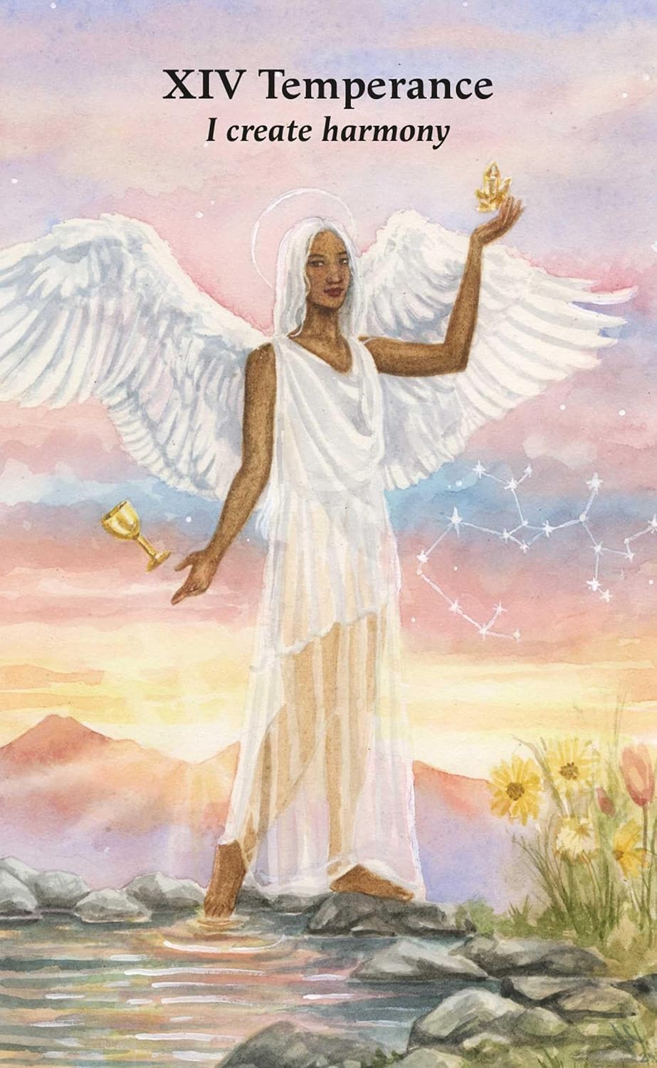Card featuring an angelic figure with wings, holding a gold key, against a pastel sky with stars and flowers.