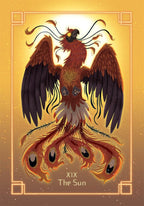 Illustration of a phoenix with 'XIX The Sun' text on a gold background