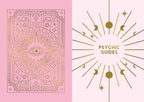 A split design featuring a pink left half with a gold line-art illustration of an eye surrounded by occult and celestial symbols, and a pale pink right half with the words 'PSYCHIC GUIDES' in gold around a sunburst of moon and star motifs.