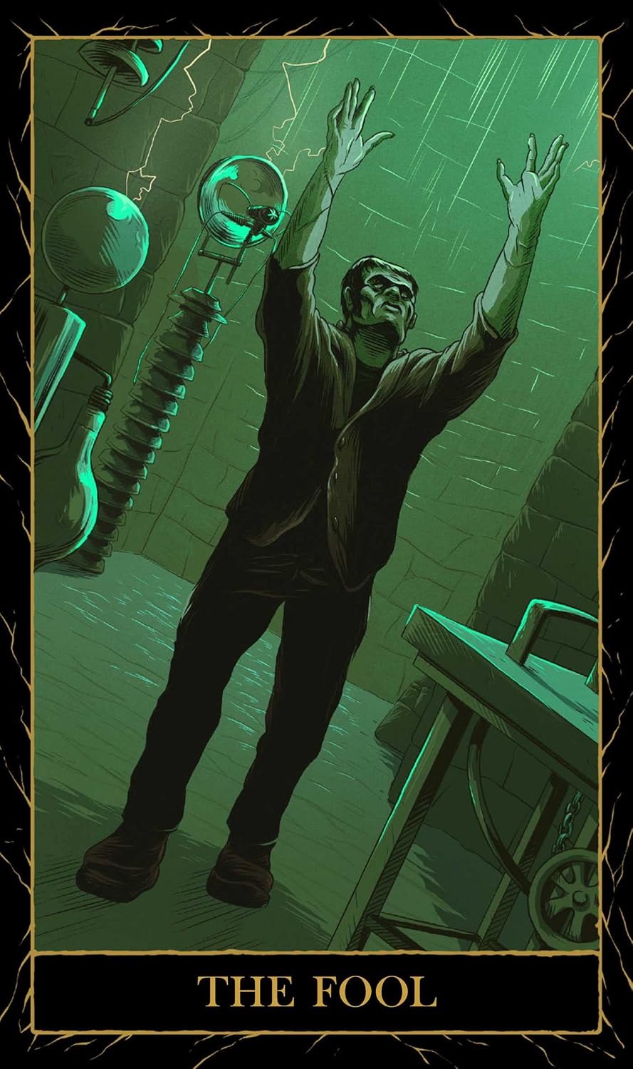 Card titled 'The Fool' with a person reaching upwards in a dark, industrial setting.