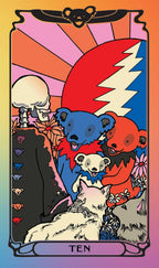 A stylized tarot card illustration labeled 'TEN' at the bottom, featuring Grateful Dead-style bear motifs, a skull, flowers, and a rainbow gradient border. The artwork uses multiple bold colors including red, blue, pink, orange, yellow, black, and white.