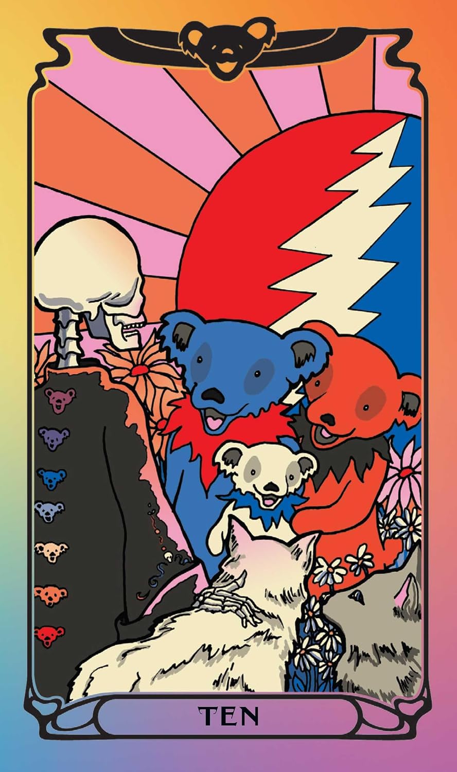 A stylized tarot card illustration labeled 'TEN' at the bottom, featuring Grateful Dead-style bear motifs, a skull, flowers, and a rainbow gradient border. The artwork uses multiple bold colors including red, blue, pink, orange, yellow, black, and white.