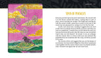 Card from a tarot deck with pentacle symbols and a colorful landscape, accompanied by descriptive text.