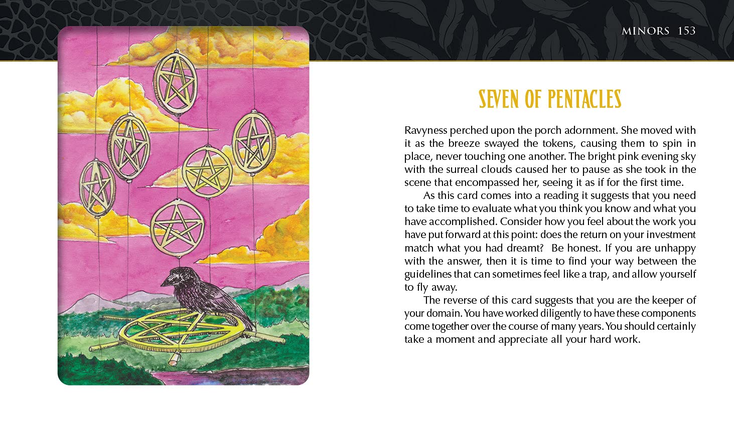 Card from a tarot deck with pentacle symbols and a colorful landscape, accompanied by descriptive text.