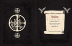 A black book or booklet cover design with ornate cream illustrations: a circular symbol and decorative border on the left, and a parchment scroll labeled 'Healing' with small bird motifs on the right.