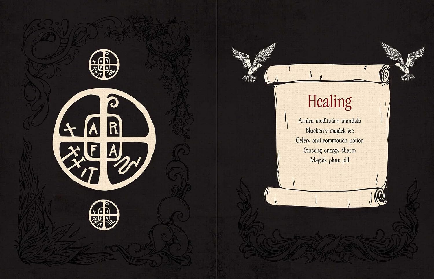 A black book or booklet cover design with ornate cream illustrations: a circular symbol and decorative border on the left, and a parchment scroll labeled 'Healing' with small bird motifs on the right.