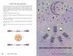 Astrological spread with moon phases, arrows, and symbols on a purple background