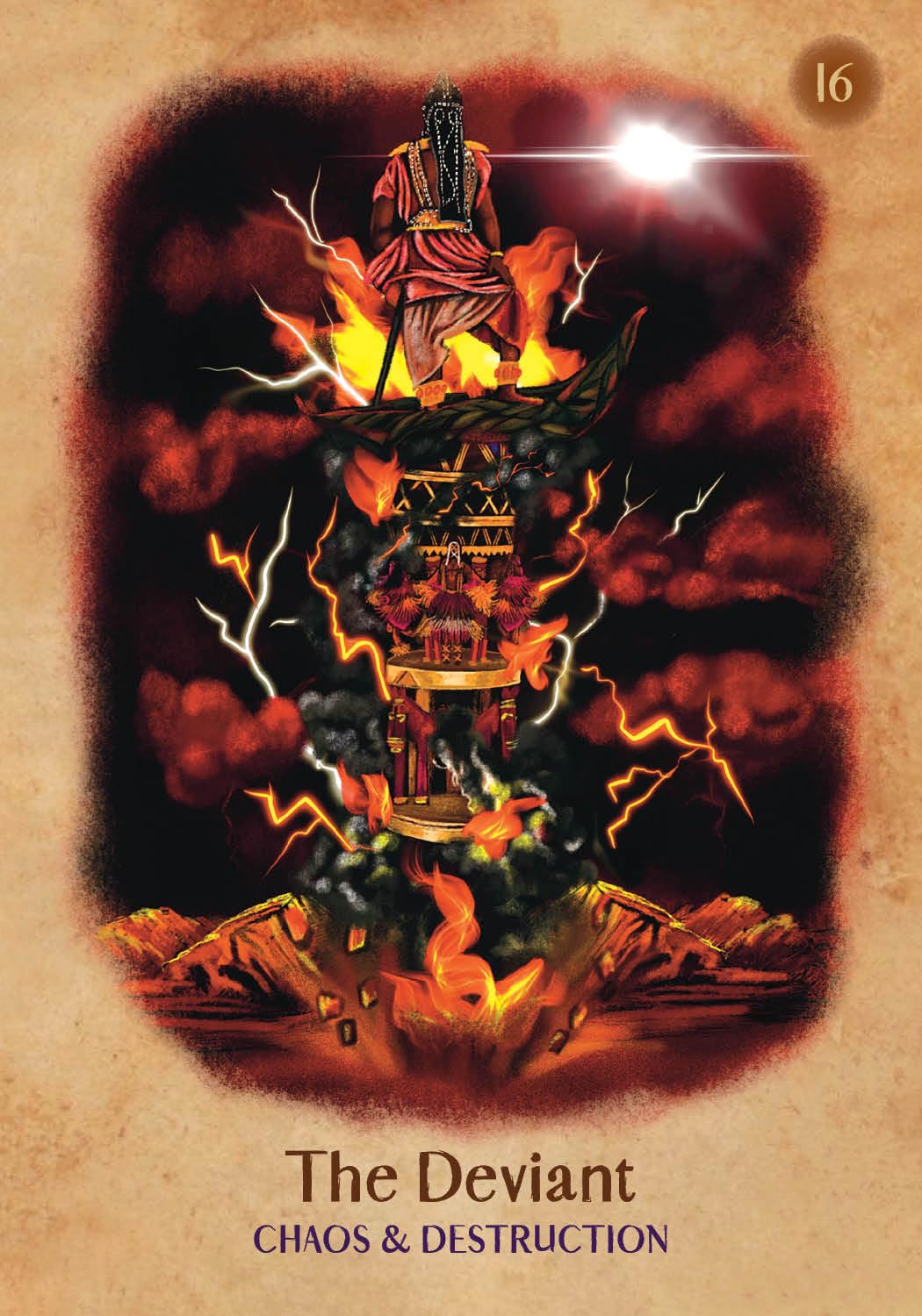 Artistic depiction of a figure on a fiery pedestal with 'The Deviant' and 'Chaos & Destruction' text.