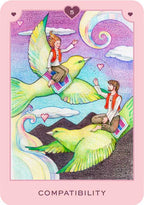Card with two people riding on the backs of birds against a colorful background, labeled 'Compatibility'.