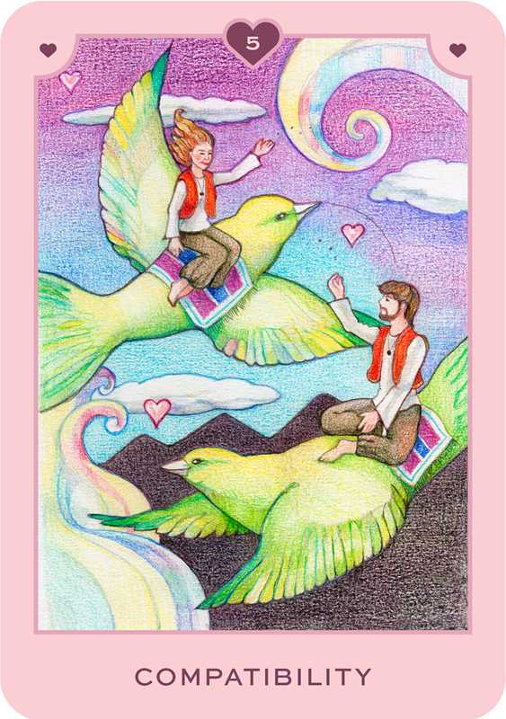 Card with two people riding on the backs of birds against a colorful background, labeled 'Compatibility'.