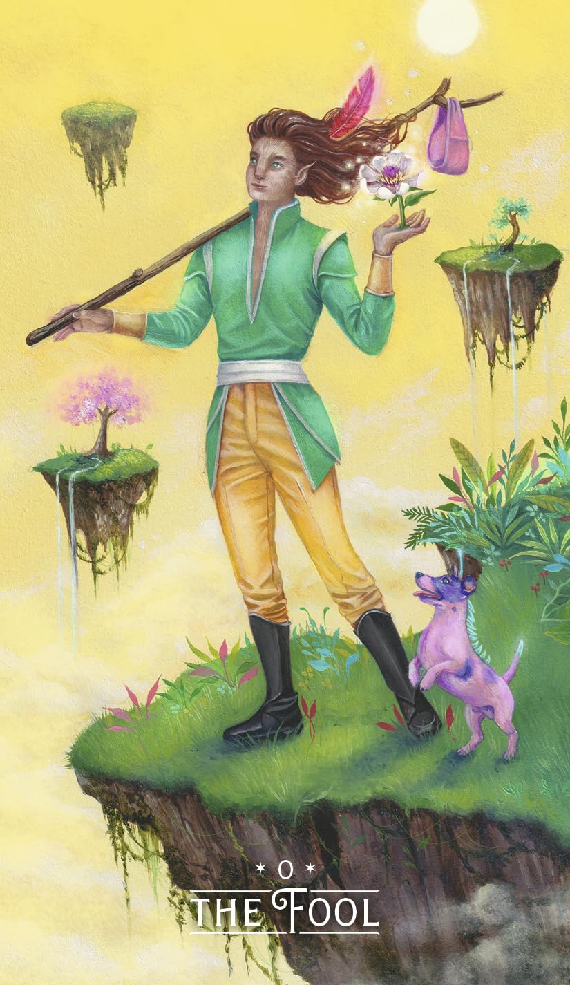 Card titled 'The Fool' featuring a person with a staff, plants, and a dog on a yellow background.
