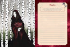 Woman holding apples in a forest with a journal titled 'Apples' on a red background