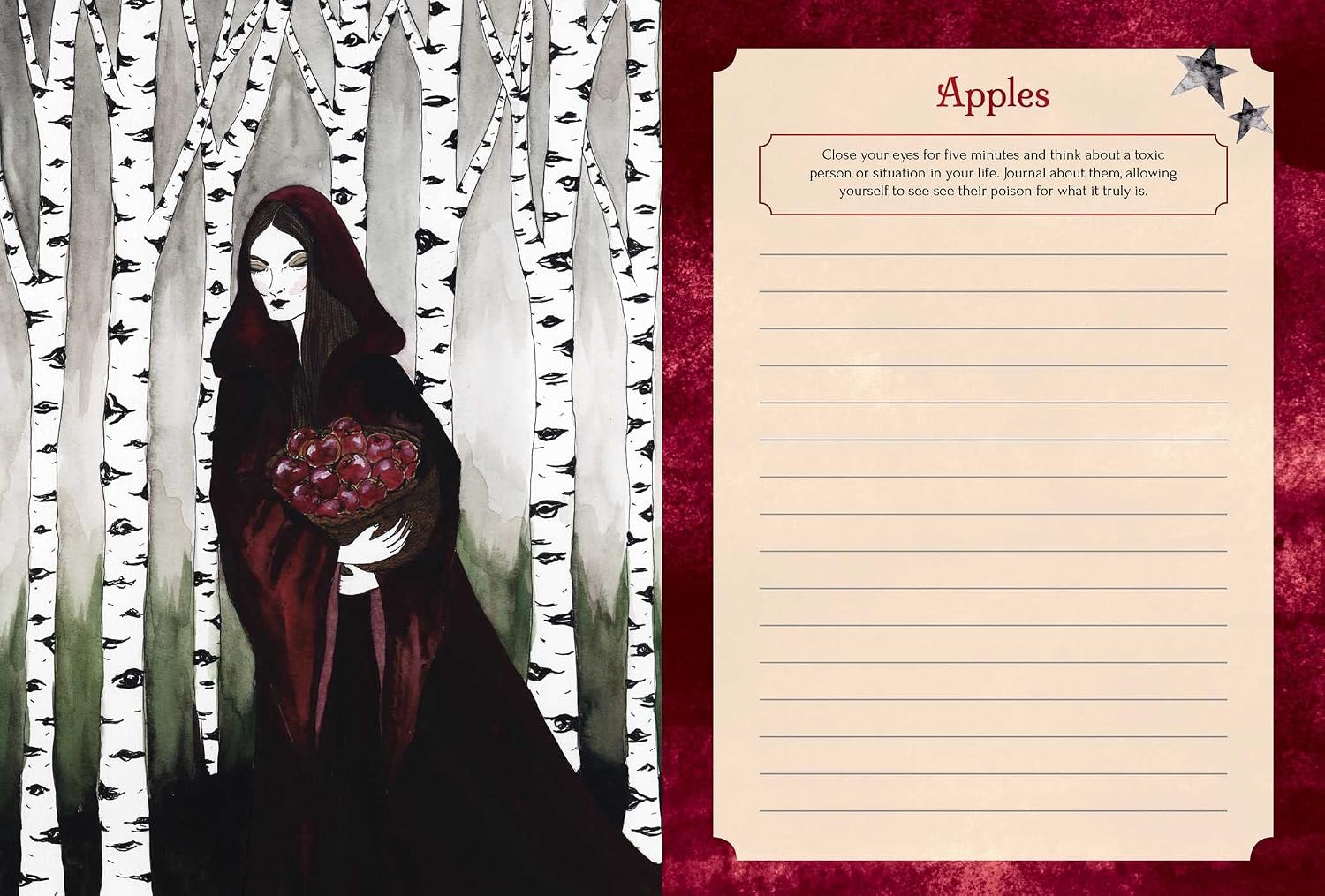 Woman holding apples in a forest with a journal titled 'Apples' on a red background