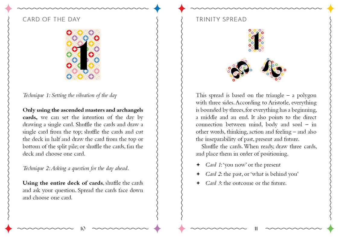 Magical book page with card instructions and trinity spread details.
