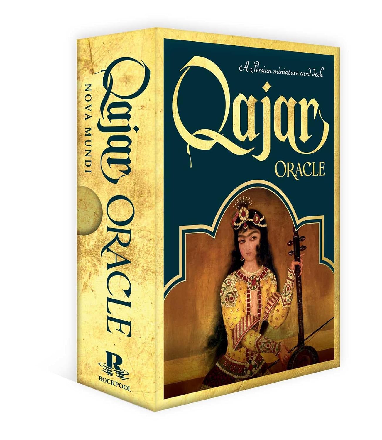 A boxed card product titled "Cajar Oracle" shown at a slight angle on a white background. The box has a distressed gold/yellow border, a dark teal front panel with large decorative lettering, and an illustrated portrait of a woman in ornate traditional clothing holding a stringed instrument.