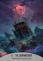 Artistic depiction of a shipwreck with people in the water and a dark, stormy sky.