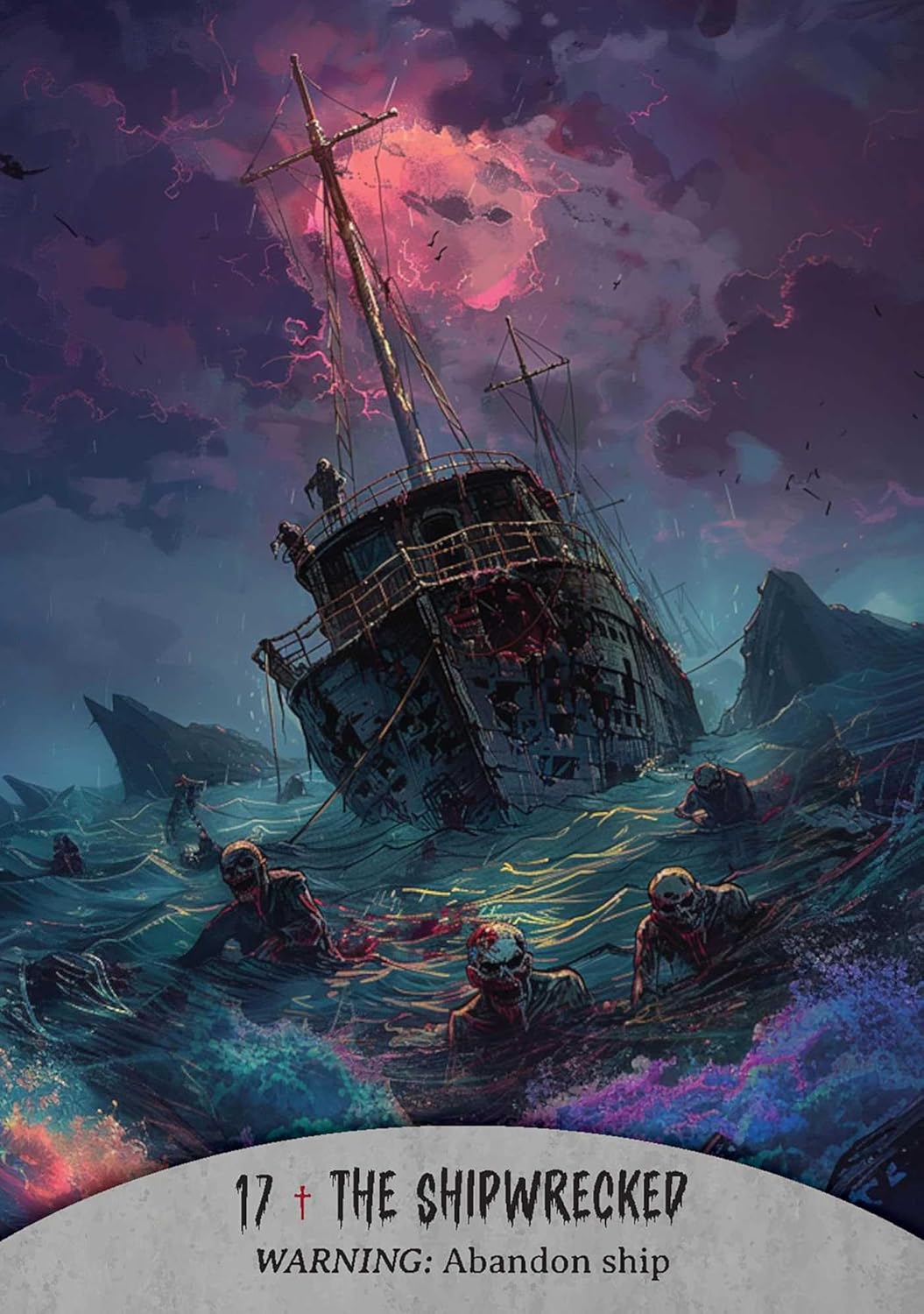 Artistic depiction of a shipwreck with people in the water and a dark, stormy sky.