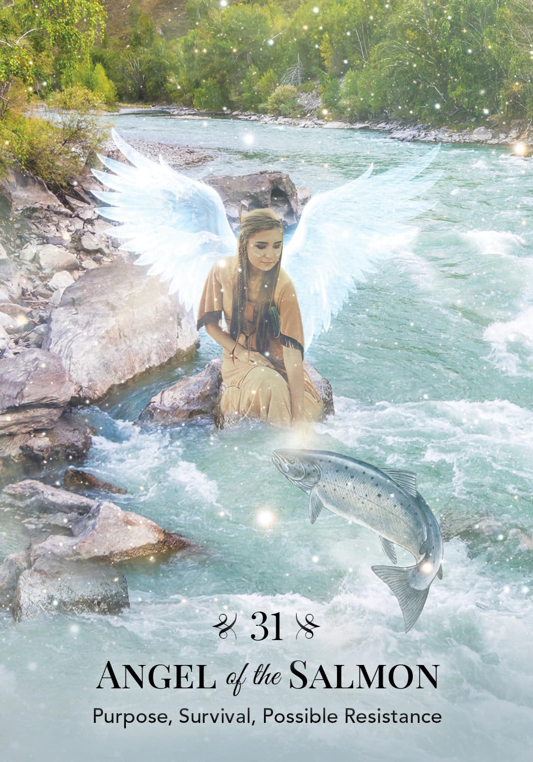 Woman in a natural setting with a salmon, surrounded by nature.