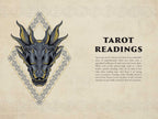 Decorative card with a dragon illustration and text about tarot readings on a beige background.