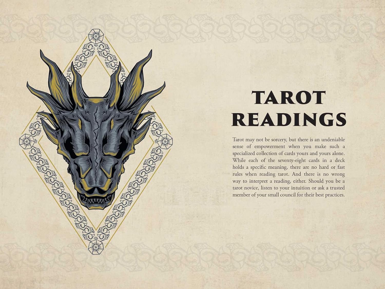 Decorative card with a dragon illustration and text about tarot readings on a beige background.