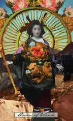 Artistic depiction of a figure labeled 'Queen of Wands' with floral and animal elements.