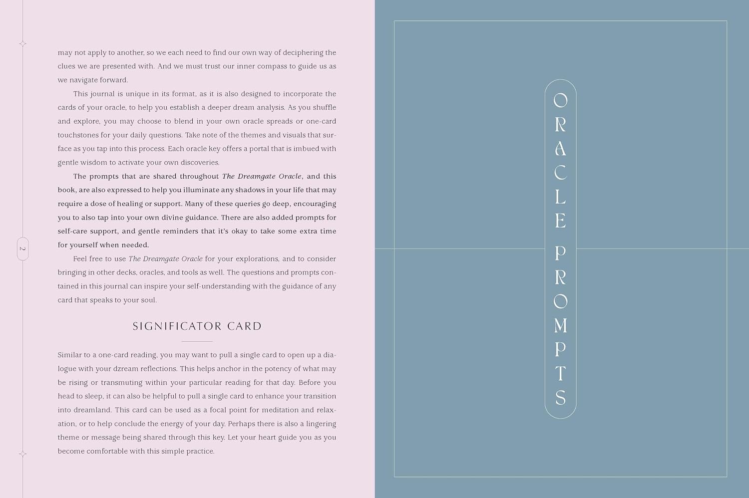 A printed card or booklet page with a pale pink left side containing paragraphs of text and a right side with a light blue panel titled 'ORACLE PROMPTS' in large vertical letters.
