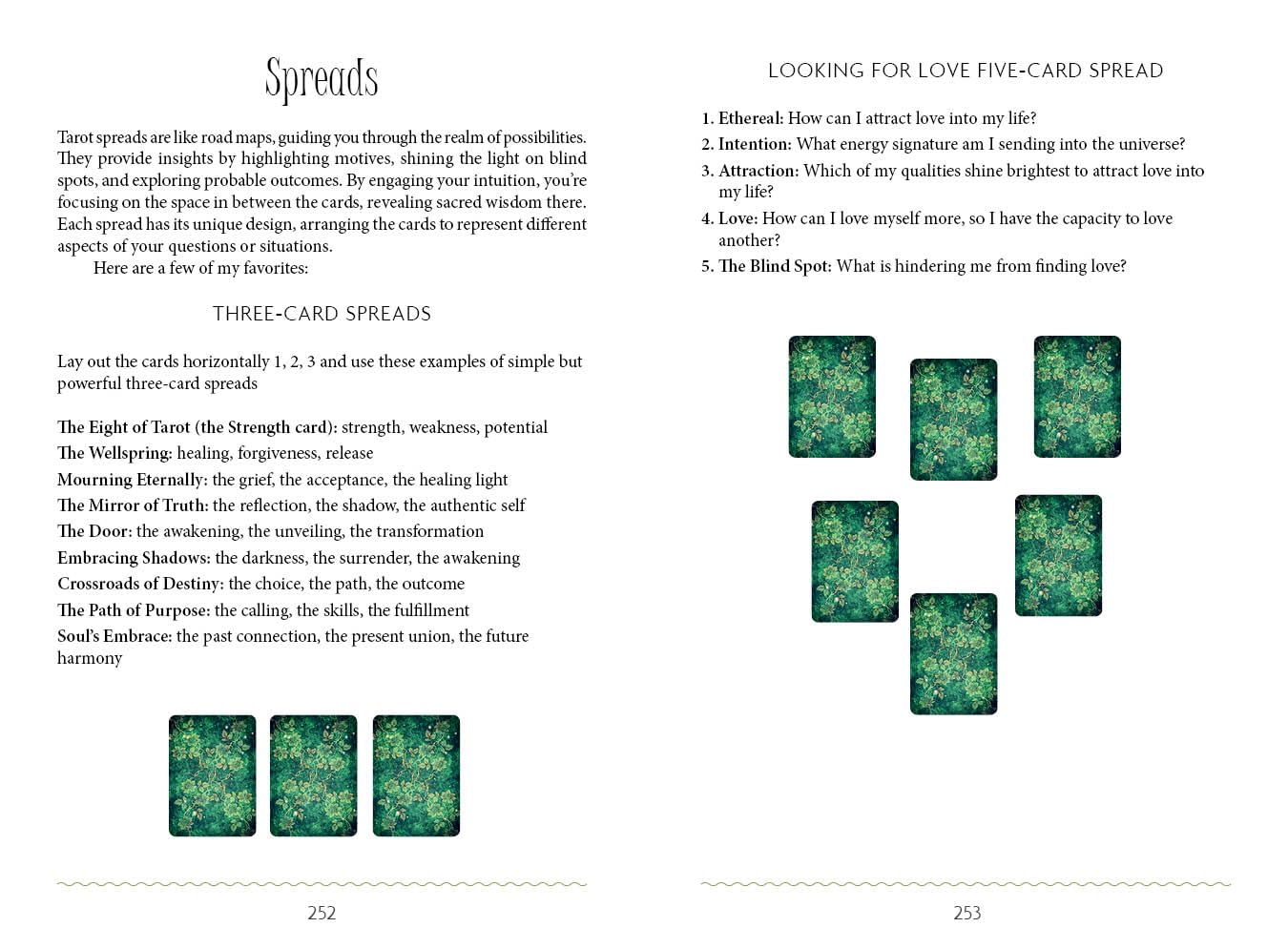 Page from a book on tarot spreads with text and card layout