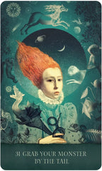 Vintage-style illustration of a person with red hair holding scissors, surrounded by celestial and fantasy elements.