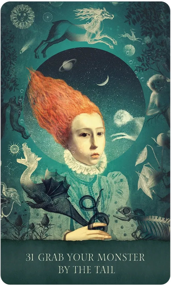 Vintage-style illustration of a person with red hair holding scissors, surrounded by celestial and fantasy elements.