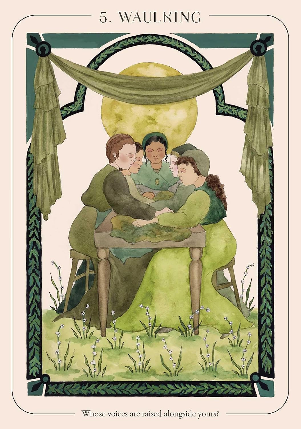 Illustration of three people sitting together with a decorative border and text at the top.