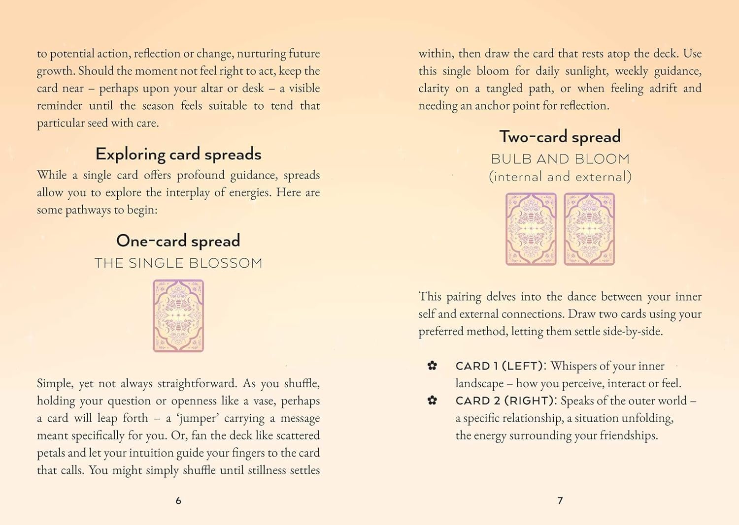 Instructions on exploring card spreads for a deck, with text and two card illustrations on a beige background.