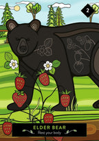 Illustration of a bear with strawberries in a forest setting, featuring the text 'Elder Bear Rest your body'.