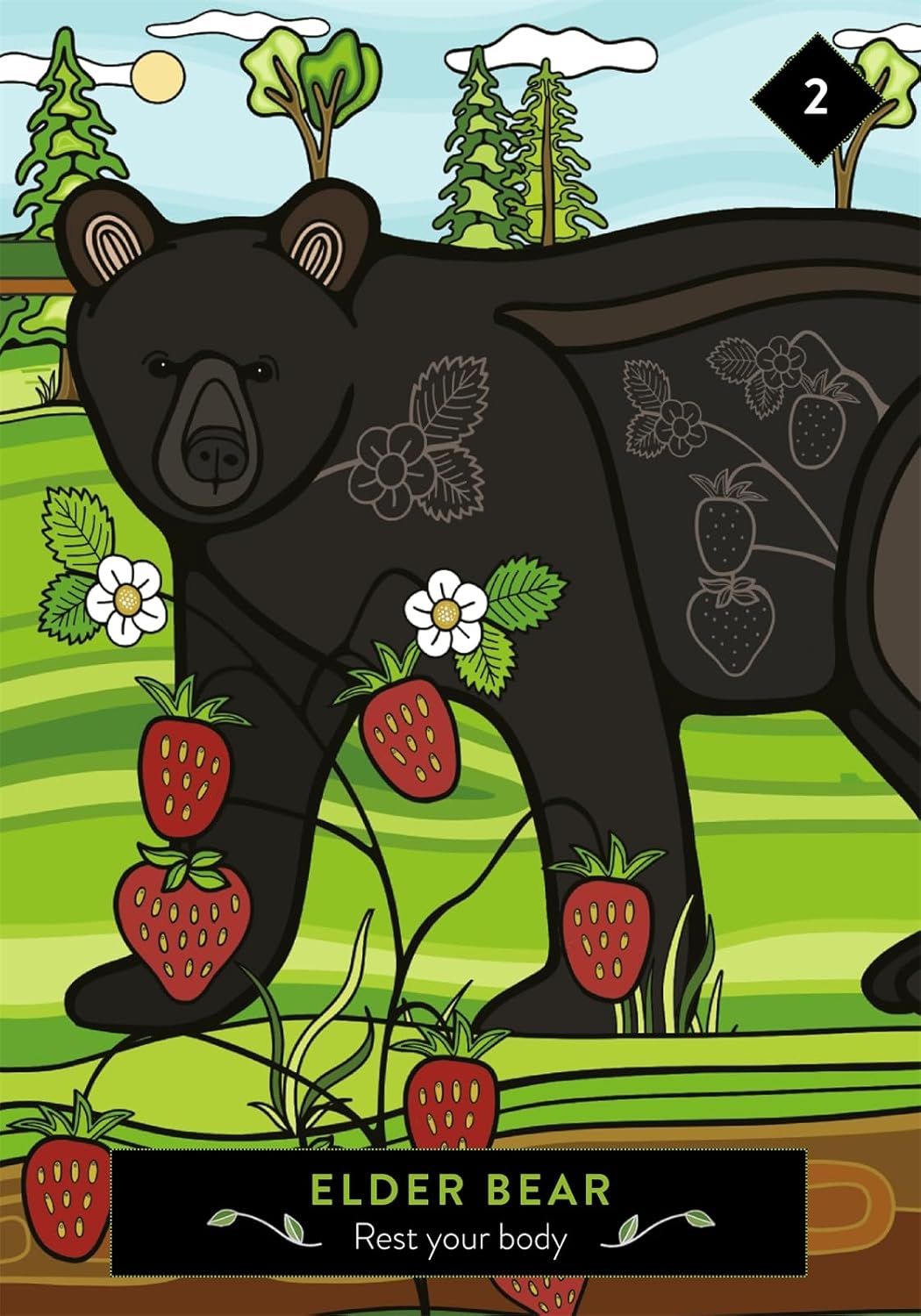 Illustration of a bear with strawberries in a forest setting, featuring the text 'Elder Bear Rest your body'.